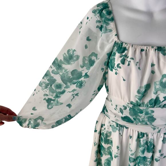 Fit & Flare Milkmaid Dress XL Green White Lantern Sleeves Ruffle Stretch Waist - Picture 15 of 16